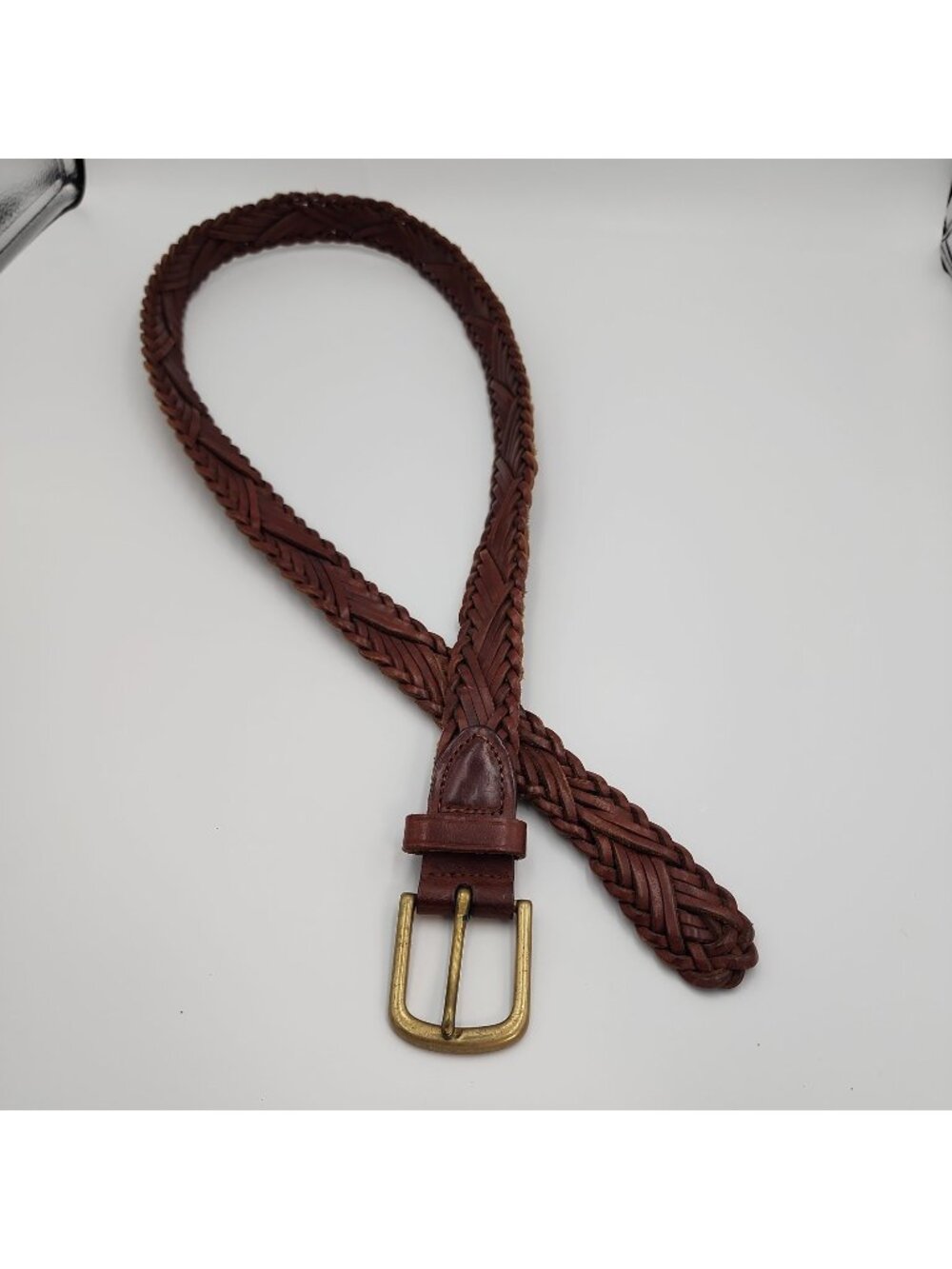 Vintage Men's Braided Leather Belt Brown Brass Buckle 44" Length Taiwan